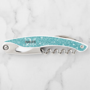 Moderne turkooise glitter monogram naam Corkschroe Kurkentrekker
