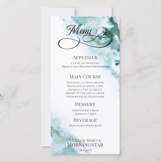 Moderne Turquoise Aquarelle Moss Agate Menu (Devant)