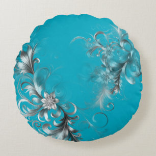 Moderne Turquoise Blauw met Sierlijk Zilver Rond Kussen