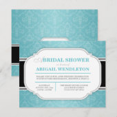 Moderne Turquoise Damask Bruidsdouche Uitnodiginge Kaart (Voorkant / Achterkant)