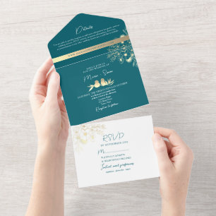 Moderne Turquoise en Gouden Bruiloft All In One Uitnodiging