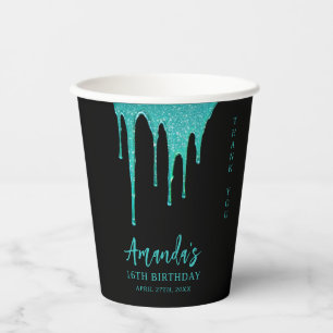 Moderne turquoise glitterslierten Sweet 16 Verjaar Papieren Bekers