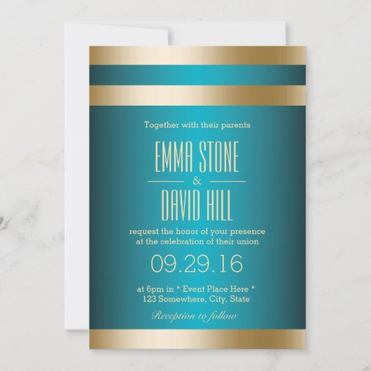 Moderne Turquoise Gold Stripes Invitations de mari (Devant)