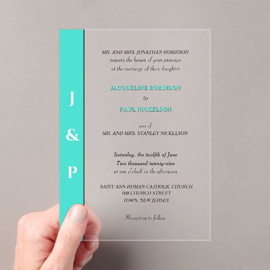 Moderne Turquoise Monogram Bruid en Bruidegom Acryl Uitnodigingen (Insitu (Draagbaar))
