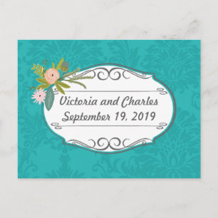 Moderne Turquoise Roze en Coral Damask Wedding Briefkaart