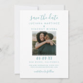 Moderne Turquoise Script Foto Bruiloft Save The Date (Achterkant)