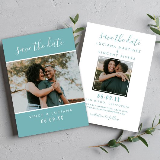 Moderne Turquoise Script Foto Bruiloft Save The Date
