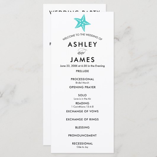Moderne Turquoise Starfish Mariage programme de cé (Devant / Derrière)