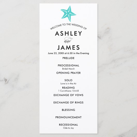 Moderne Turquoise Starfish Mariage programme de cé (Devant)