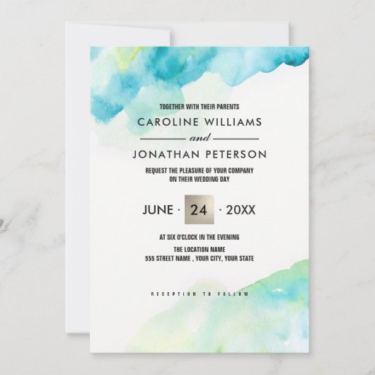 Moderne Turquoise Waterverf Kaart (Voorkant)