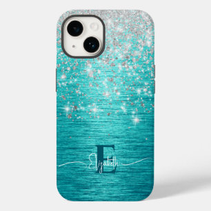 Moderne Turquoise Zilveren faux glitter Monogram Case-Mate iPhone 14 Hoesje