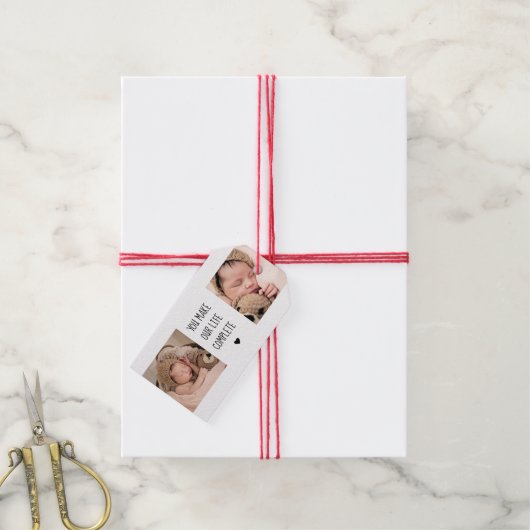 Moderne twee foto | U maakt ons leven compleet Cadeaulabel (Met Touw)