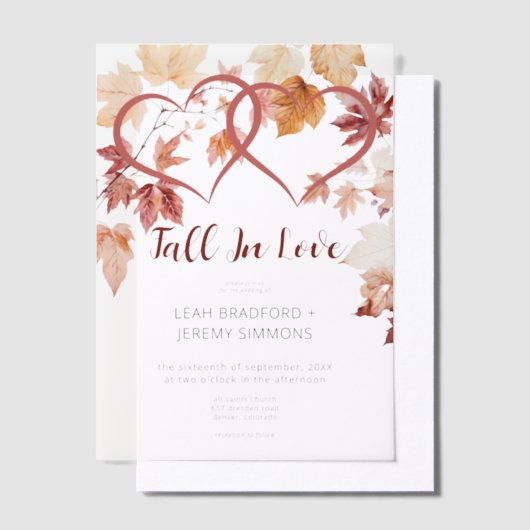 Moderne Twee Hartenvallen in Liefde Trouwfeest Vellum Uitnodigingen (Offset)