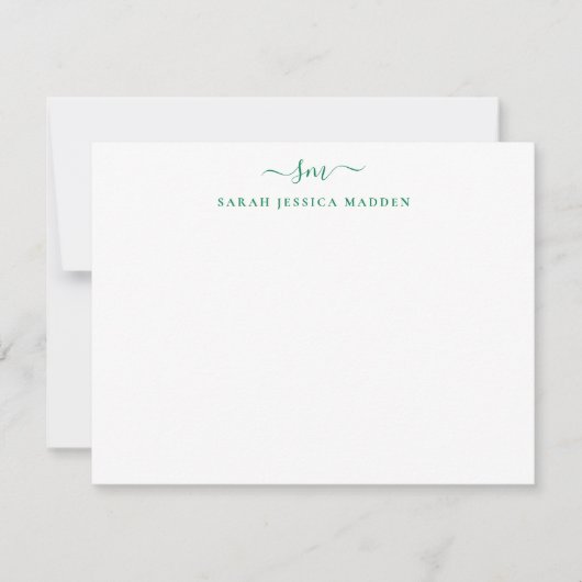 Moderne twee Monogram Meisjesscript Forest Green Notitiekaartje (Voorkant)