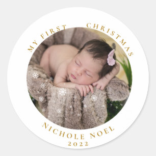 Moderne tweezijdige mijn eerste kerstfoto ronde sticker