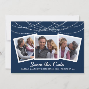 Moderne Twinkelende Slingerlicht Blauwe 3-Foto Save The Date