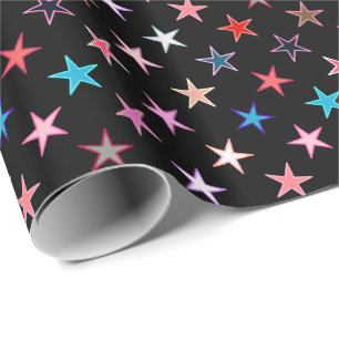 Moderne Twinkelende Sterren, Juweelkleuren op Zwar Cadeaupapier