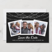 Moderne Twinkle String Licht Zwart 3-Foto Save The Date (Voorkant)