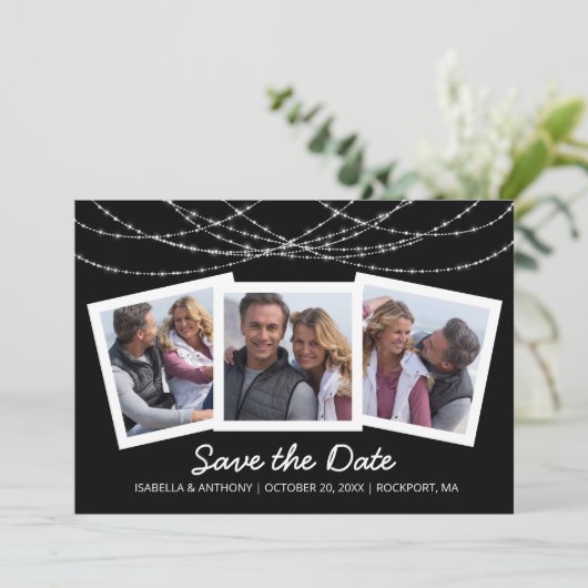 Moderne Twinkle String Licht Zwart 3-Foto Save The Date (Staand voorkant)