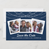 Moderne Twinkle String Light Blauw 3-Foto Save The Date (Voorkant)
