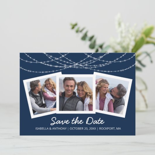 Moderne Twinkle String Light Blauw 3-Foto Save The Date (Staand voorkant)