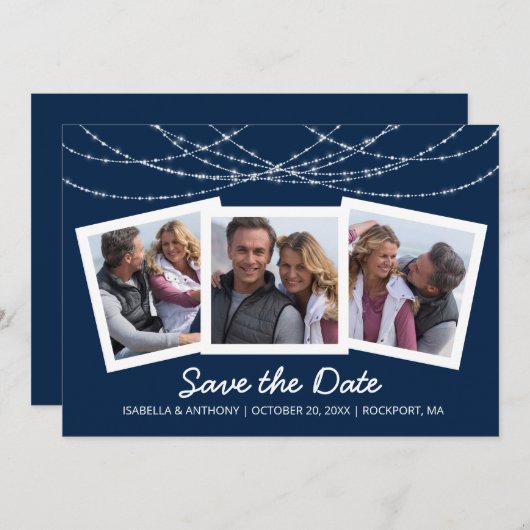 Moderne Twinkle String Light Blauw 3-Foto Save The Date (Voorkant / Achterkant)