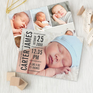 Moderne Type Baby Jongen Foto Houtskool Tekst Gebo Aankondiging