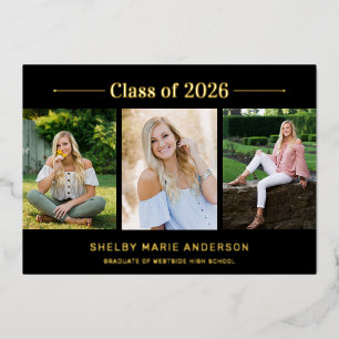 Moderne typografie 3 foto Zwarte afstudeerfeest Folie Uitnodiging