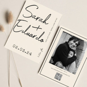 Moderne Typografie B&W Handschrift Foto QR Code Save The Date