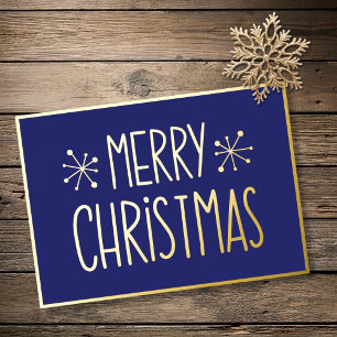 Moderne typografie Blauwe Gouden Vrolijk Kerstmis Folie Feestdagenkaart