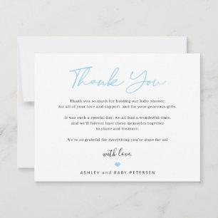 Moderne typografie blauwe script jongens baby show bedankkaart