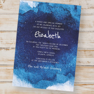 Moderne Typografie Blauwe Waterverf Bat Mitzvah Kaart