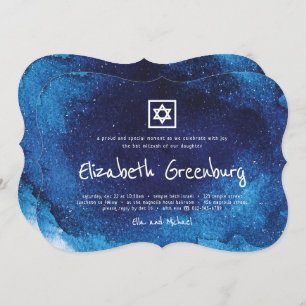 Moderne Typografie Blue Waterverf Bat Mitzvah Kaart