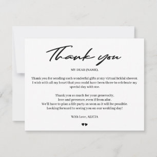 Moderne typografie bruids virtuele douche dank u bedankkaart