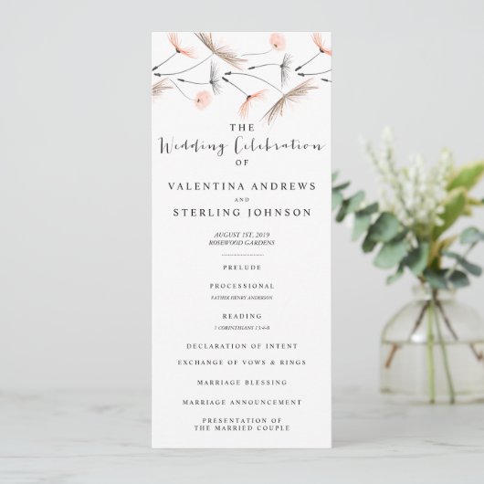 Moderne Typografie Dandelion Wedding Program Card Programma (Staand voorkant)