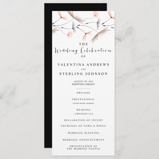 Moderne Typografie Dandelion Wedding Program Card Programma (Voorkant / Achterkant)