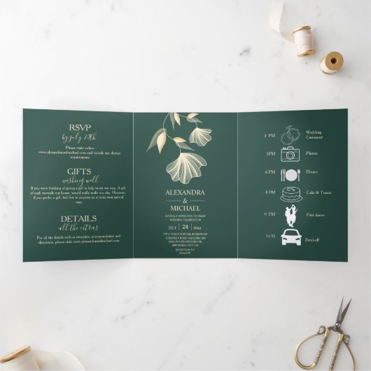 Moderne Typografie Emerald Green Botanical Wedding Drieluik Uitnodiging (Binnen)