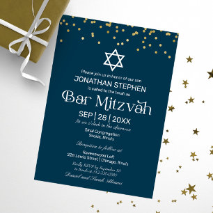 Moderne Typografie Goud Confetti Blauw Bar Mitzvah Kaart