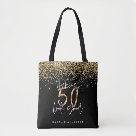 Moderne typografie goud glitter chic 50ste verjaar draagtas (Voorkant)