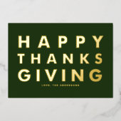 Moderne Typografie Groen Gelukkig Thanksgiving Gou Folie Feestdagenkaart (Voorkant)