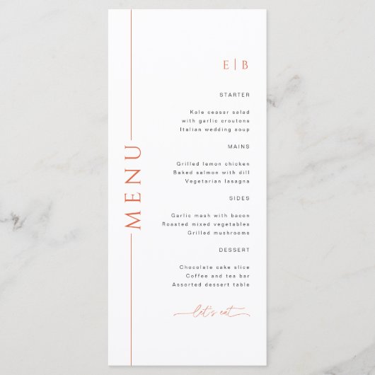 Moderne Typografie Helder Sinaasappel Wedding Menu (Voorkant)
