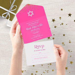 Moderne typografie hete roze confetti Bat Mitzvah All In One Uitnodiging
