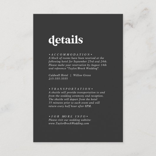 Moderne typografie | Houtskool Grijs Bruiloft Deta Informatiekaartje (Voorkant)