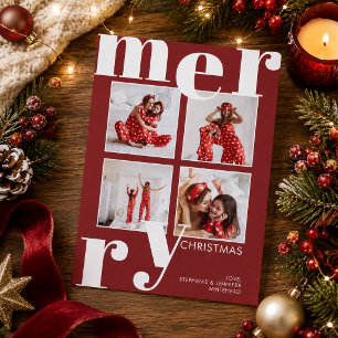 Moderne typografie in donkerrood met 4 foto's Kers Feestdagenkaart