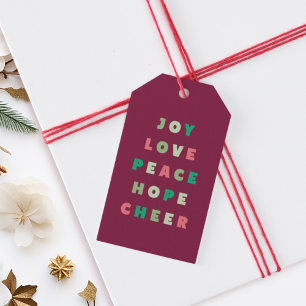 Moderne typografie Joy Love Peace Hope Kerstmis Cadeaulabel