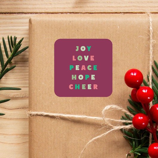 Moderne typografie Joy Love Peace Hope Kerstmis Vierkante Sticker