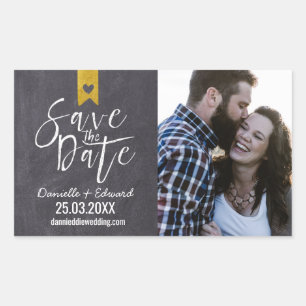 Moderne typografie krijtbord foto save the date rechthoekige sticker