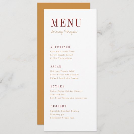 Moderne typografie minimalistische herfst bruiloft menu (Voorkant / Achterkant)