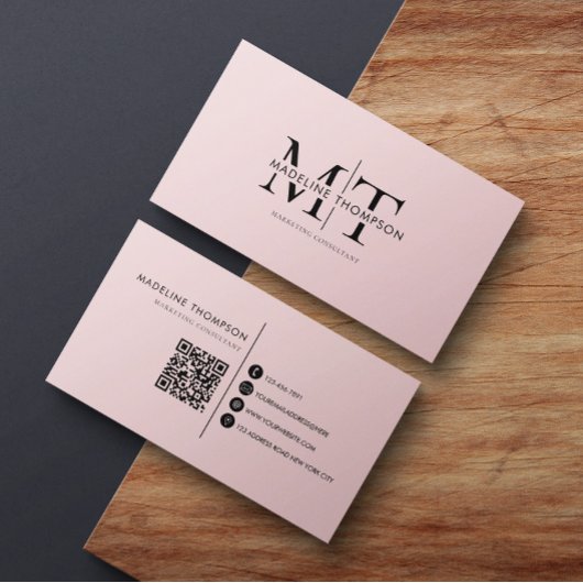 Moderne Typografie Monogram Zwart Roze QR-code Visitekaartje