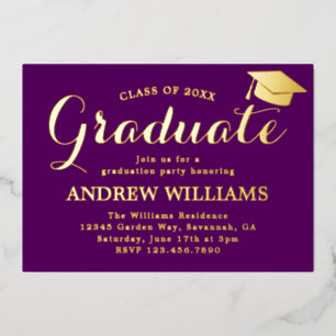 Moderne Typografie Paarse Graduation Party Folie Uitnodiging